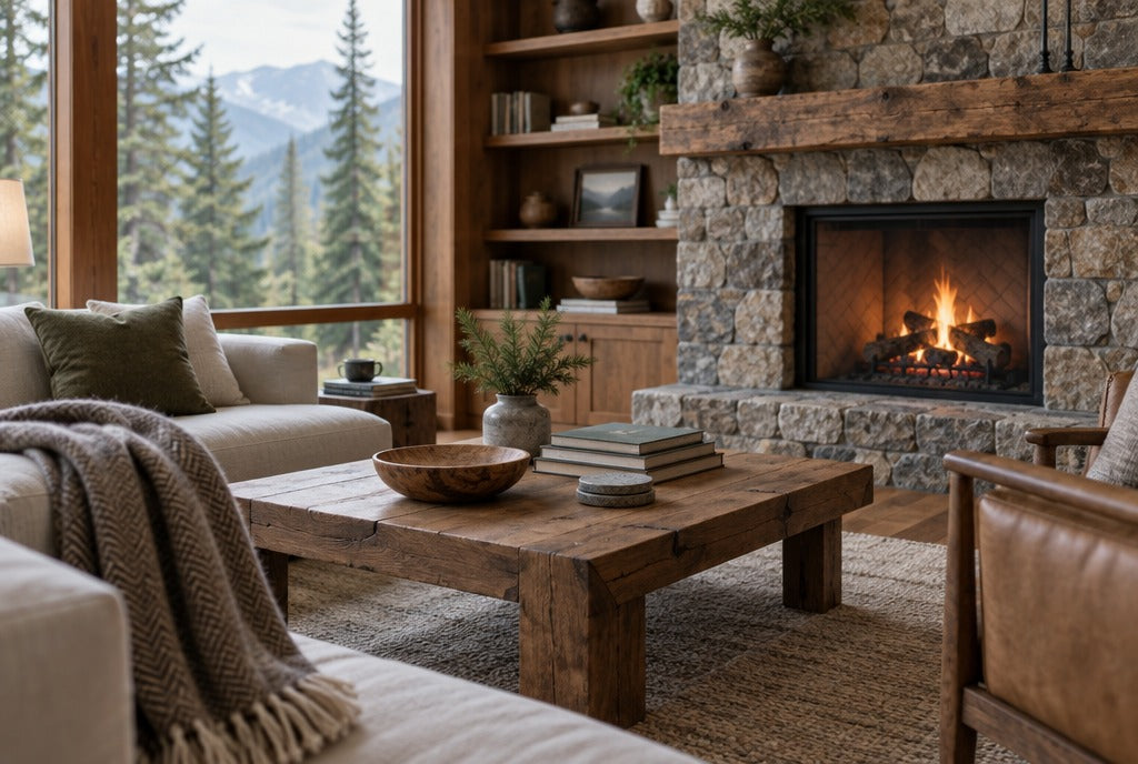 A cozy mountain-home living room with a stone fireplace, solid wood coffee table, wood shelves and a wool throw, forest outside