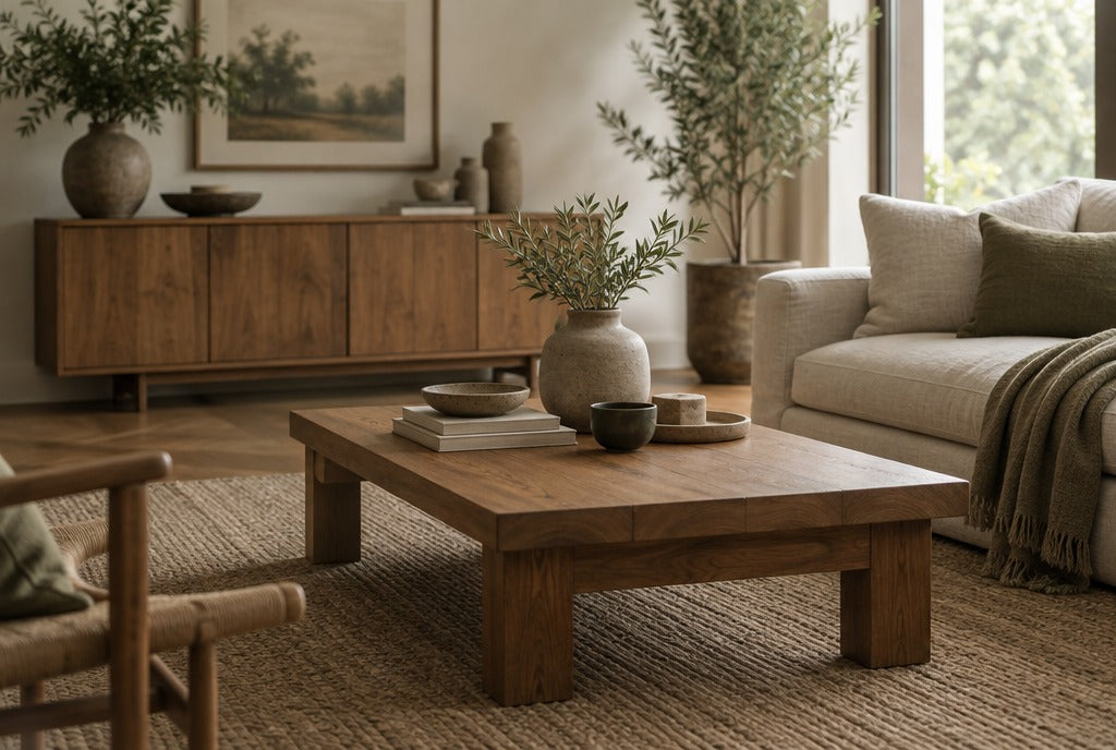A calm earthy living room with a solid wood coffee table, wood console, linen sofa, plants and stoneware