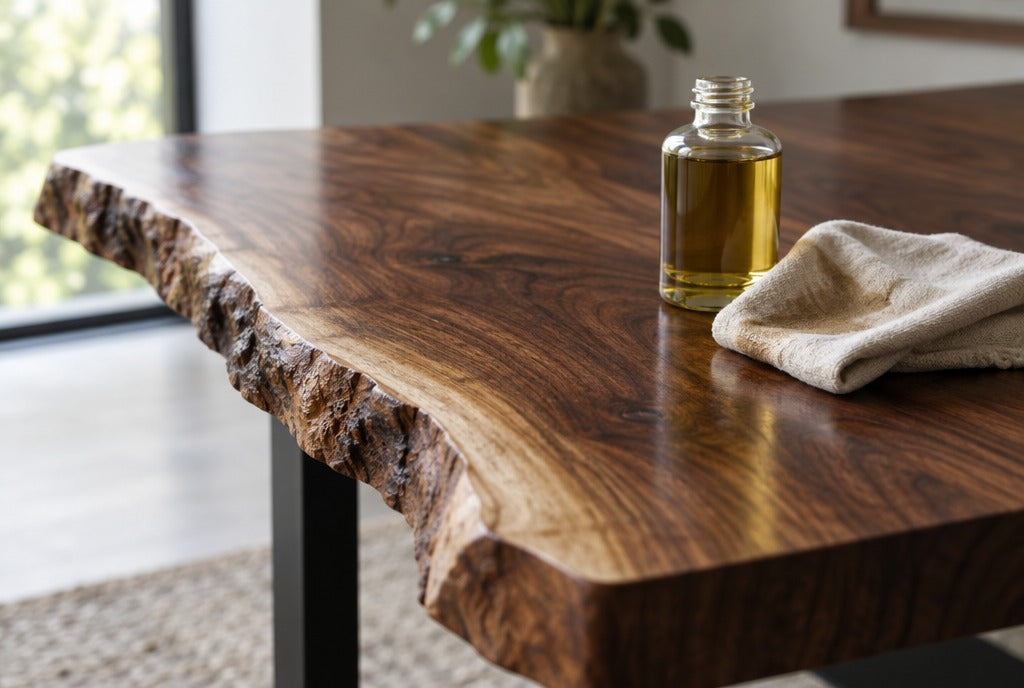 Close-up of a live-edge walnut table top with natural edge and a soft cloth with furniture oil
