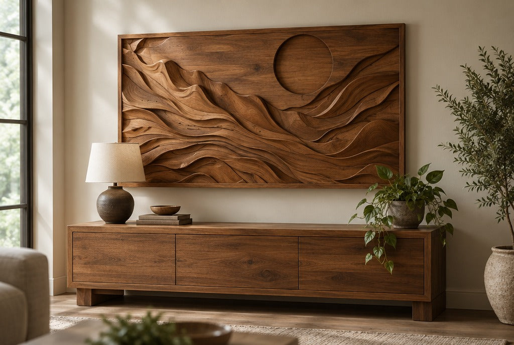 A large carved 3D wood wall art panel above a low solid wood console with a lamp and plants