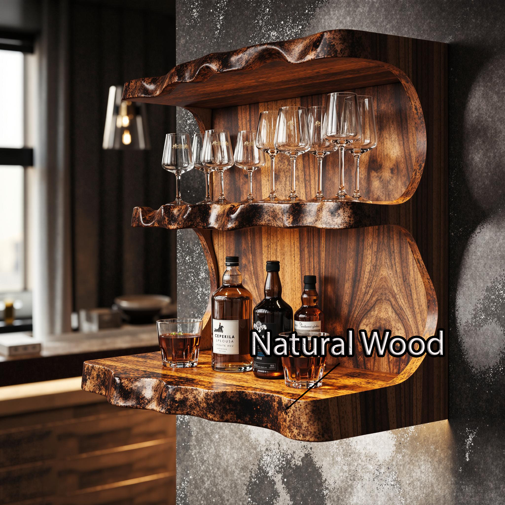Stylish Vintage Natural Wood Wine Bar Shelf For A Cozy Space
