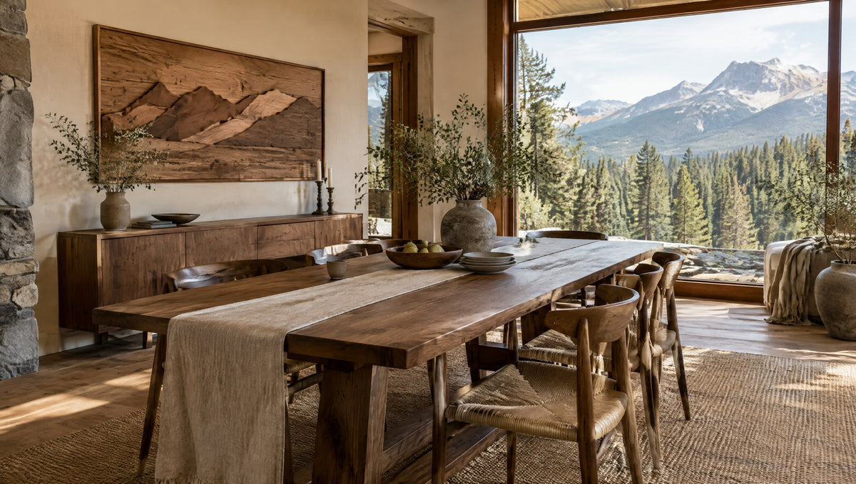 A calm earthy interior with a solid wood dining table and wood wall art, mountains outside