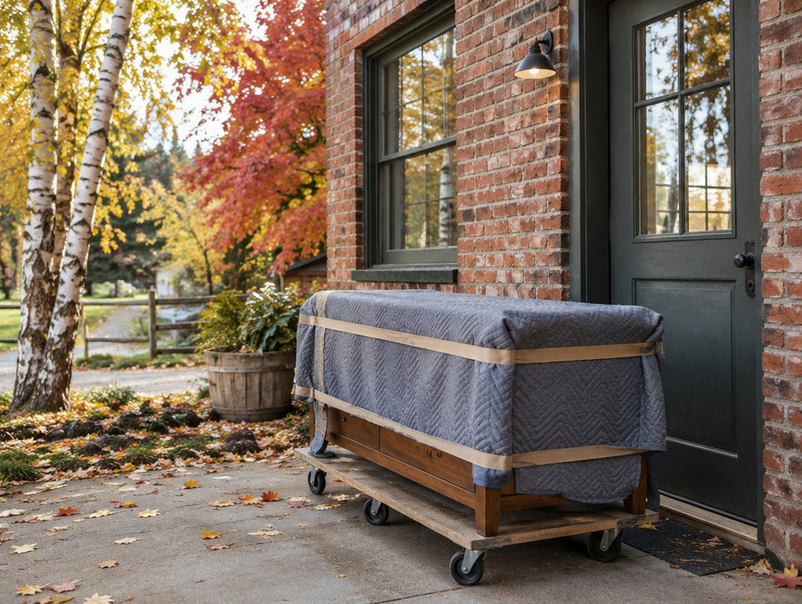 A blanket-wrapped solid wood console at the back door of a small brick shop