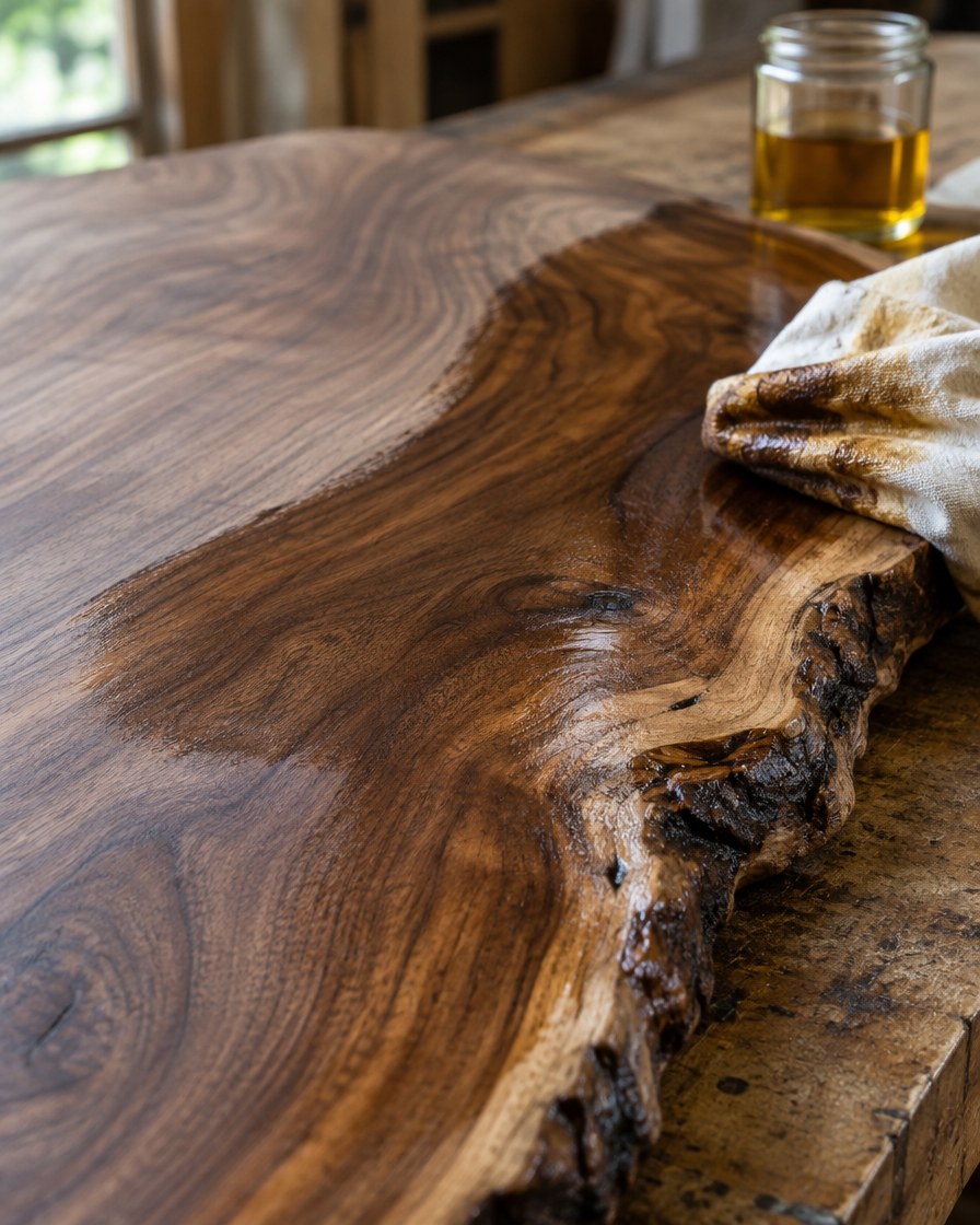 Natural walnut grain and a live edge being hand-oiled