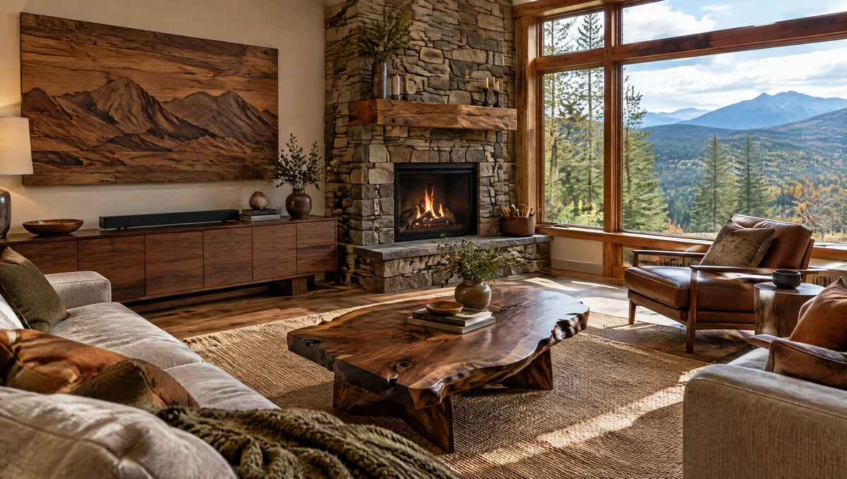An earthy mountain-home living room with a live-edge coffee table, wood console and forested ridges outside