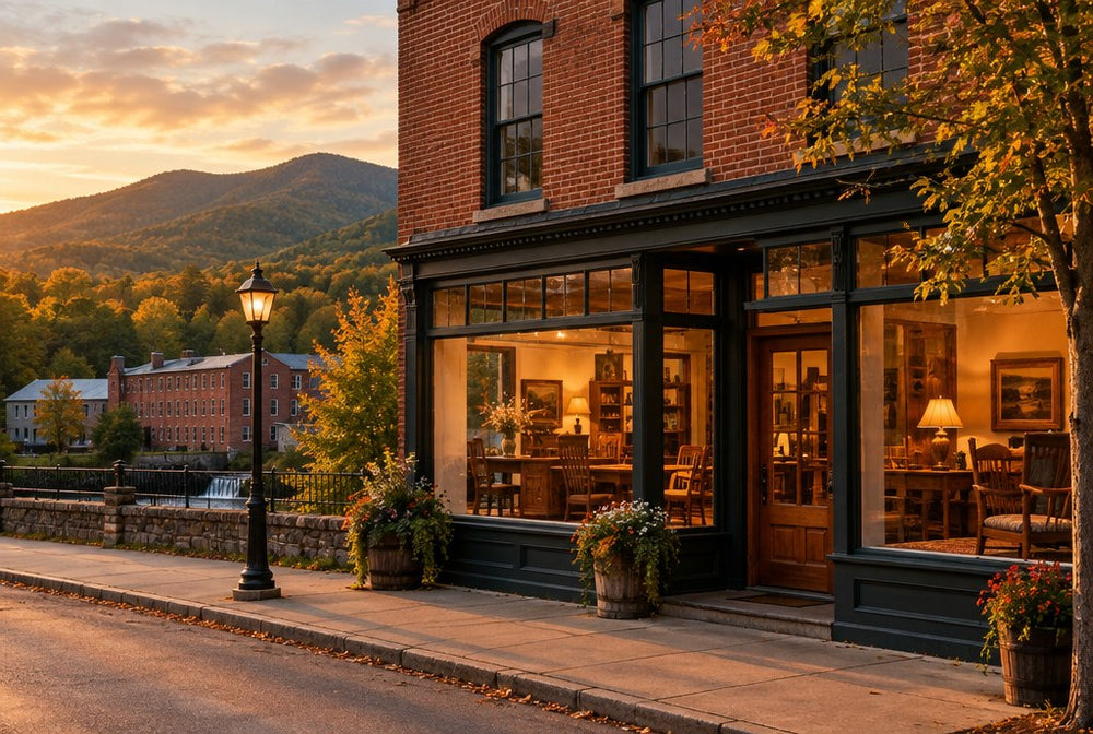 A brick main street storefront in a New Hampshire mill town at golden hour