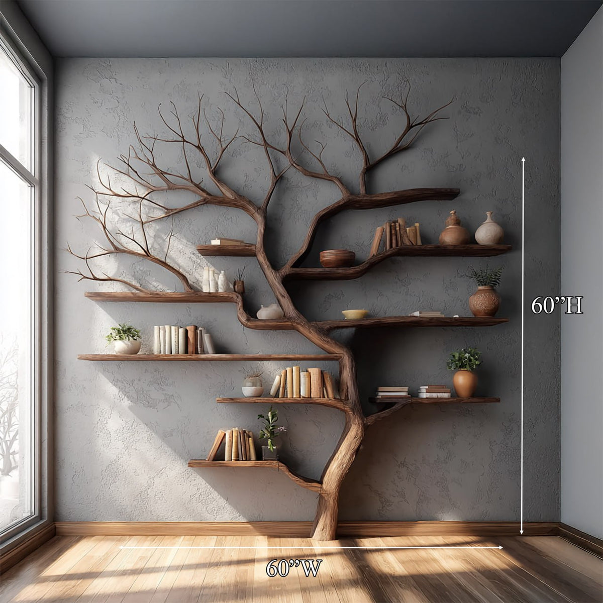 Rustic Tree Branch Bookshelf Living Wall